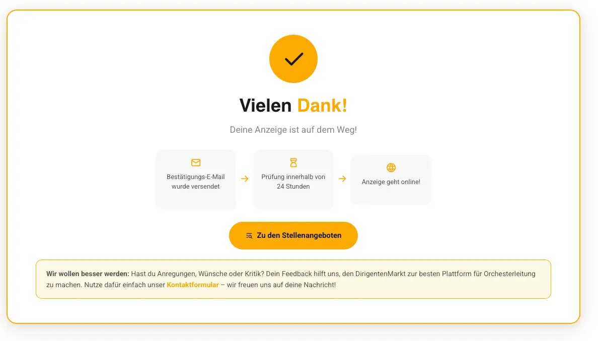 Bestätigungsseite nach dem Absenden der Anzeige